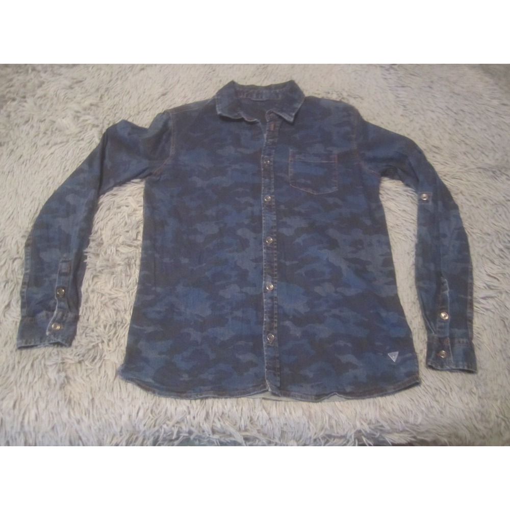 Guess Shirt Boys 14 Blue Camouflage Button Down Casual Long Sleeve